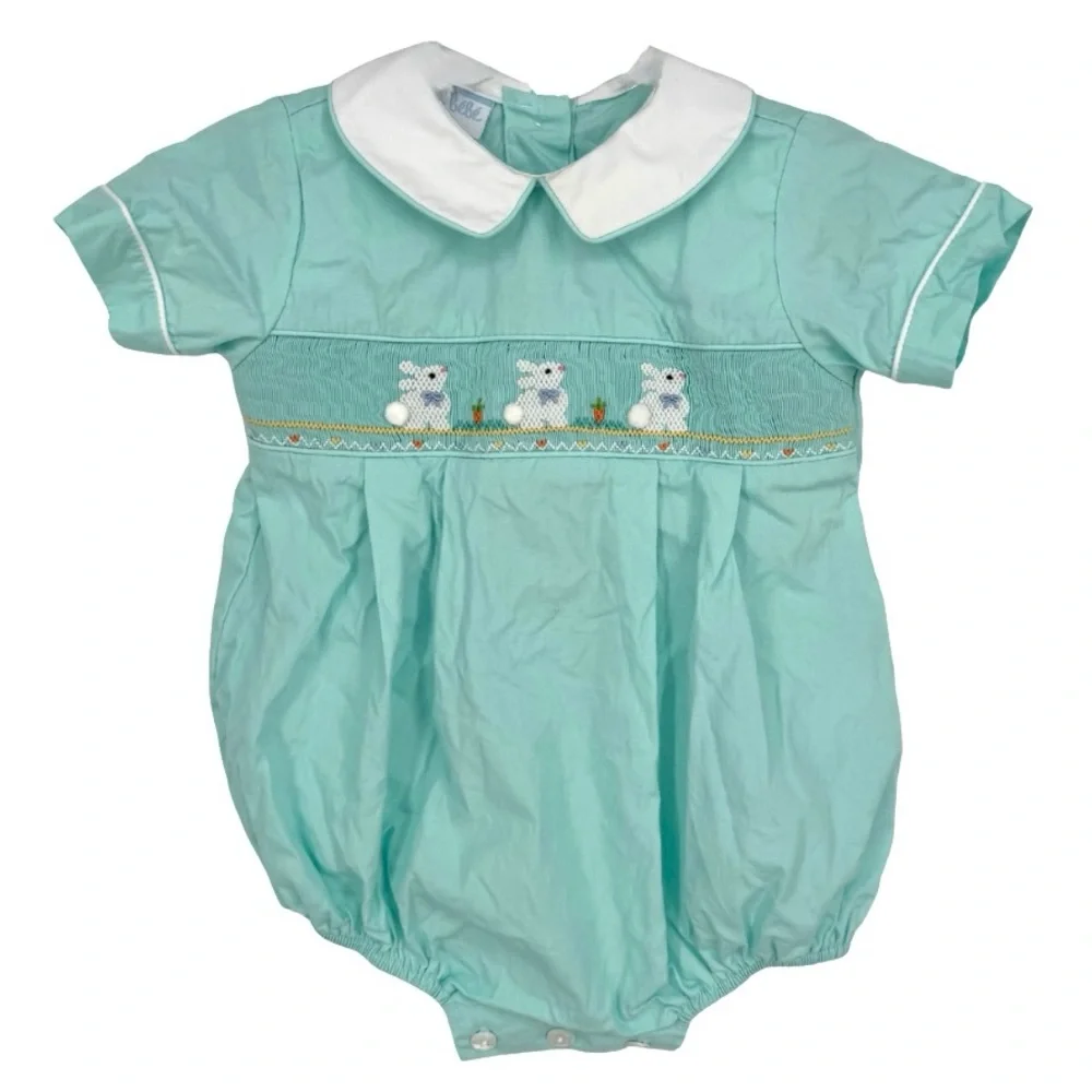 Petit Bebe Boys 9M Smocked Easter Bunnies Teal Bubble Spring Rabbit Short Sleeve